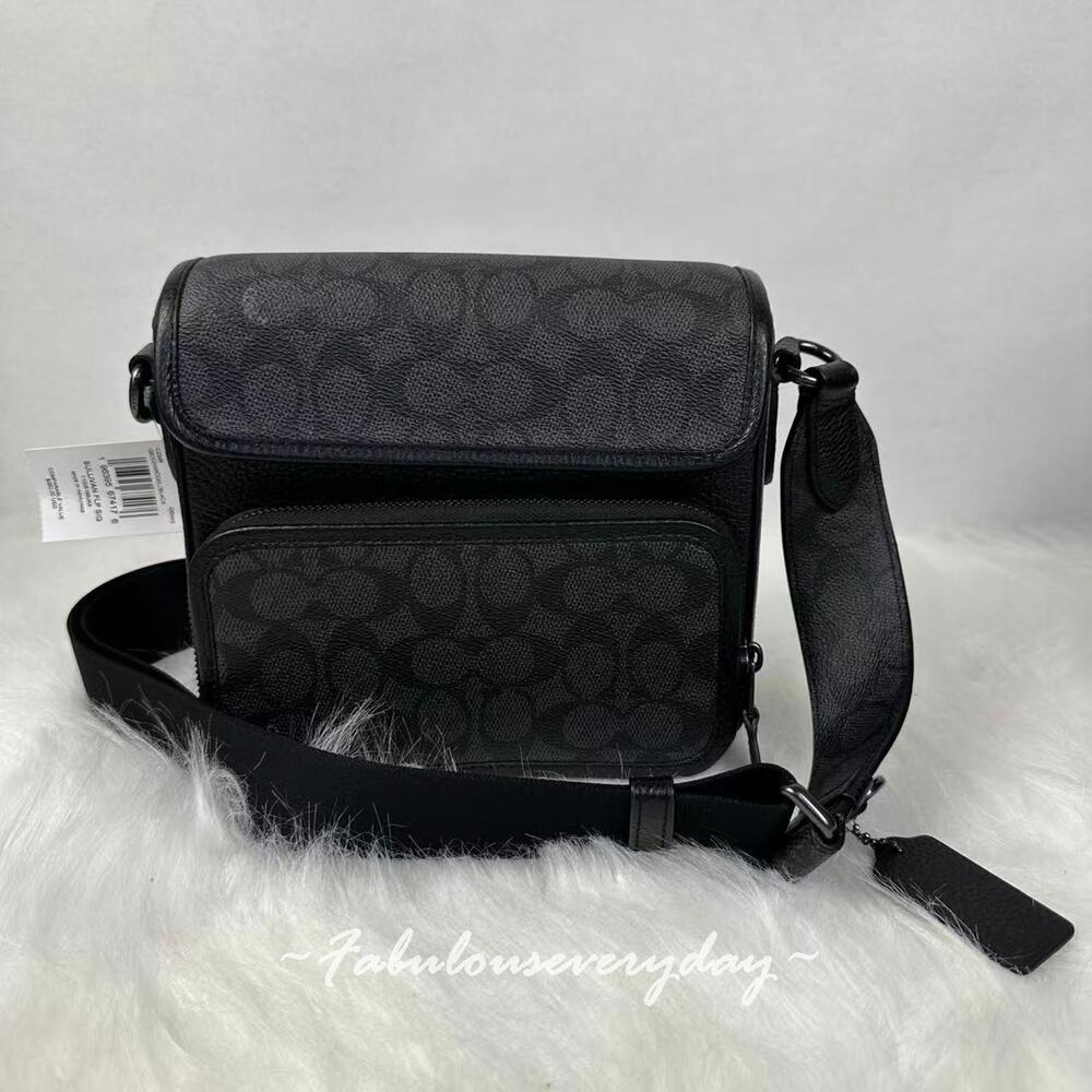 Coach Men Sullivan Flap Crossbody Bag Signature Canvas/Charcoal/Black CZ396 NWT